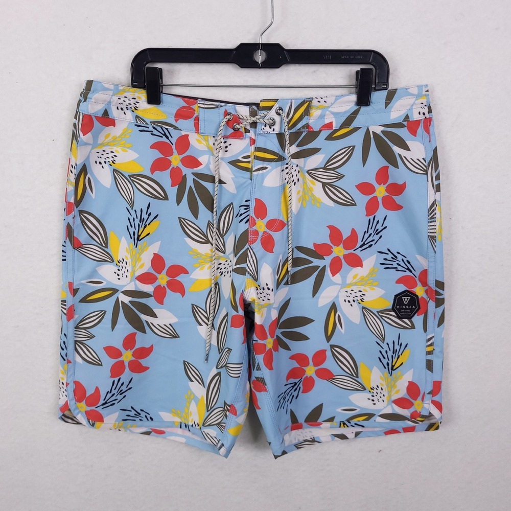 Vissla Board Shorts Mens 36 Blue Floral Upcycle Coconut Poly Stretch
